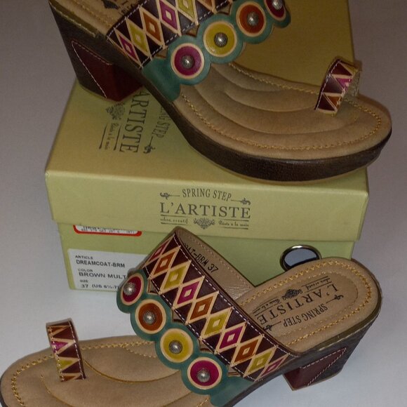 L'Artiste 37 Brown Leather Toe Slide Sandals w/Heel and Box 6.5 Spring Step - Picture 2 of 7